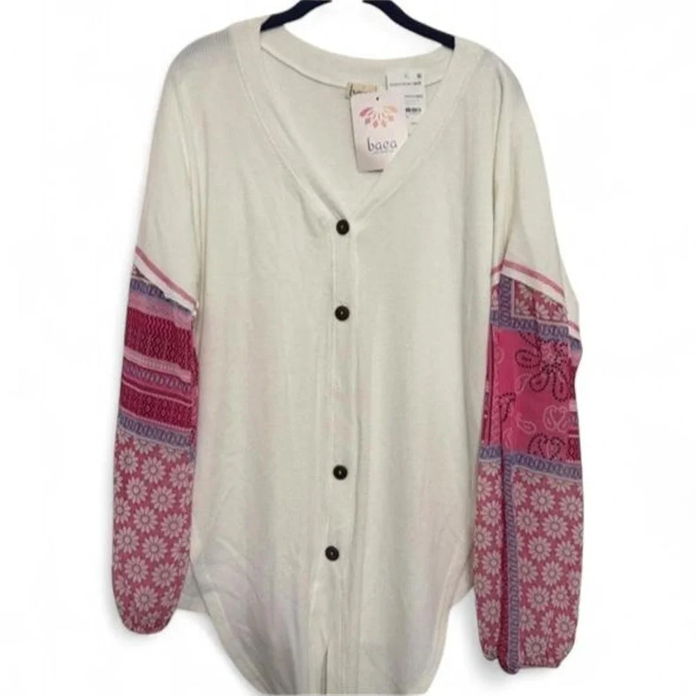Baea Boho Mixed Pattern Sleeve Cardigan Ivory Pink Paisley Floral Large NWT